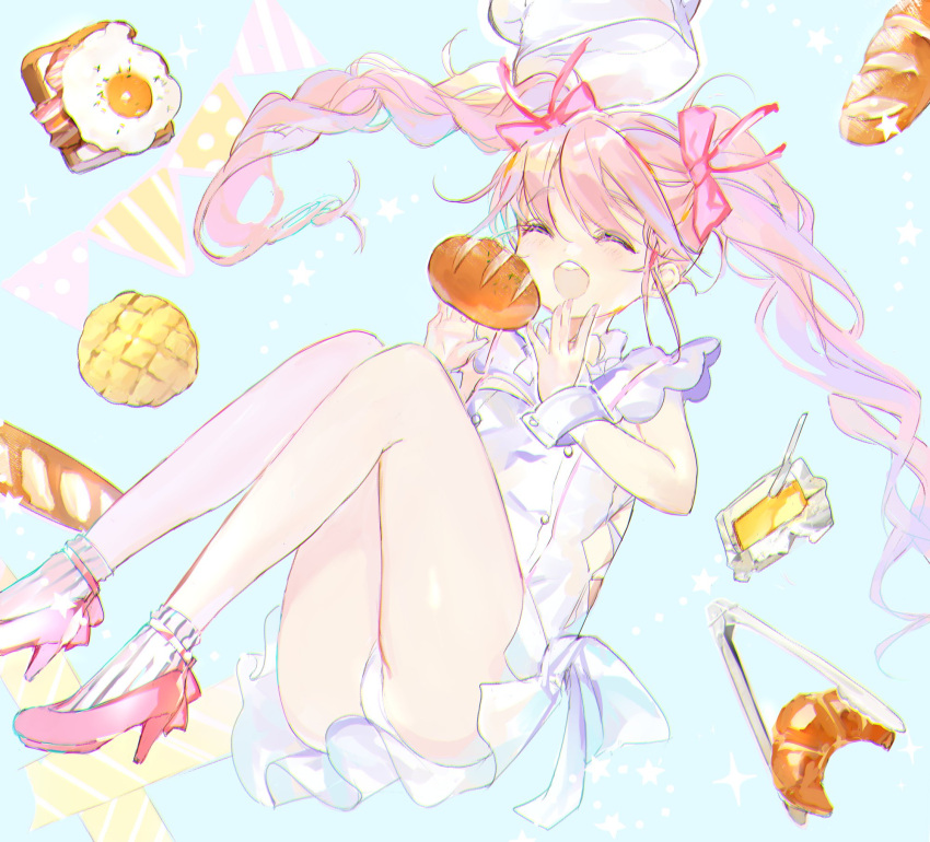 1girl :d atsumi_jun baguette bread closed_eyes commentary_request croissant dress food fried_egg hair_ribbon hands_up high_heels highres long_hair open_mouth original panties pink_hair red_footwear red_ribbon ribbon round_teeth smile solo teeth twintails underwear white_dress white_panties wrist_cuffs