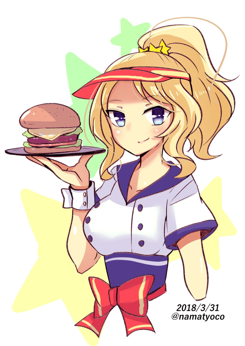1girl alternate_costume blonde_hair blue_eyes bow closed_mouth commentary dated eyebrows_visible_through_hair food girls_und_panzer hair_ornament hair_up hamburger hat highres holding kay_(girls_und_panzer) looking_at_viewer medium_hair namatyoco plate red_bow red_hat shirt short_ponytail short_sleeves smile solo standing star star_hair_ornament starry_background twitter_username upper_body visor_cap waitress white_shirt wrist_cuffs