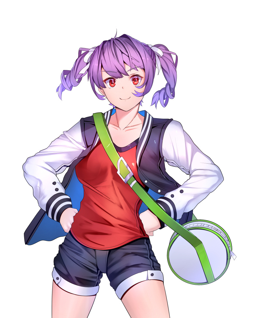 1girl absurdres bag breasts casual collarbone cowboy_shot duffel_bag eyebrows_visible_through_hair hair_ribbon hands_on_hips highres jacket letterman_jacket medium_breasts original purple_hair red_eyes ribbon shirt short_shorts short_twintails shorts smile solo standing sysen t-shirt twintails white_background white_ribbon