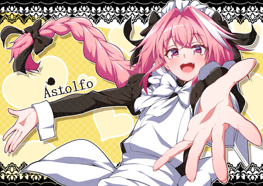 1boy apron astolfo_(fate) black_bow blush bow character_name commentary_request crossdressinging eyebrows_visible_through_hair fang fate/grand_order fate_(series) half-closed_eyes hands heart long_hair long_sleeves looking_at_viewer maid maid_apron maid_headdress open_mouth otoko_no_ko outstretched_arms pink_hair puffy_long_sleeves puffy_sleeves reaching_out smile solo spread_arms takatun223 very_long_hair violet_eyes