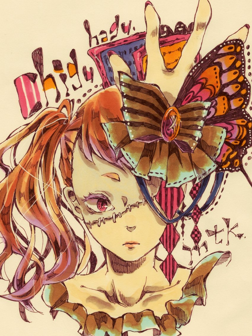 :| artist_name bow brown_bow bug butterfly closed_mouth collarbone hair_bow hands highres insect long_hair looking_at_viewer marker_(medium) mutsuki_(mtking) orange_hair original pink_eyes stitches traditional_media