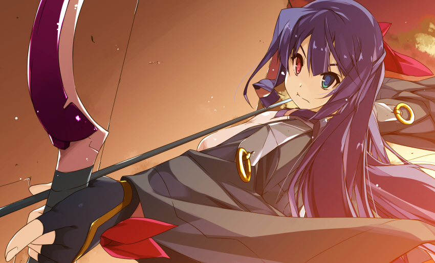 1girl arrow asama_tomo bow_(weapon) breasts closed_mouth facing_viewer fingerless_gloves gloves gradient gradient_background heterochromia highres kyoukaisenjou_no_horizon large_breasts long_hair purple_hair shikei solo sunset weapon