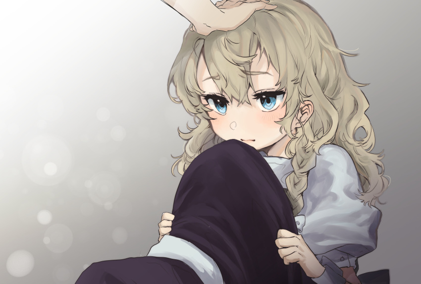 1girl absurdres blonde_hair blue_eyes blush braid commentary_request hat hat_removed headwear_removed highres kirisame_marisa long_hair messy_hair petting puffy_sleeves semimaru_(user_zzuy5884) side_braid simple_background single_braid touhou witch_hat wrist_cuffs