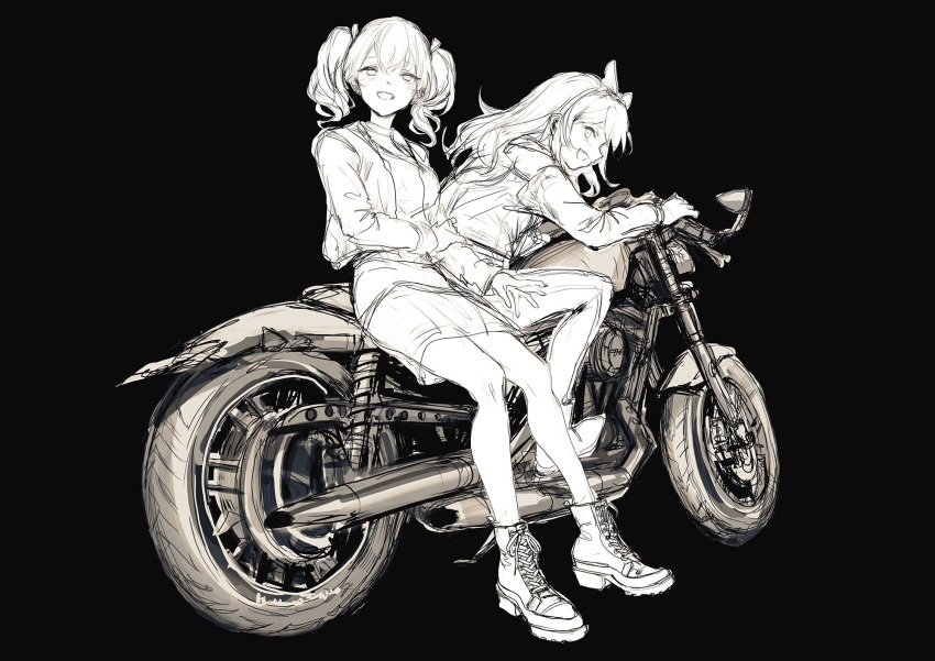 2girls :d bangs black_background boots bow commentary cross-laced_footwear full_body greyscale ground_vehicle hair_bow hand_on_own_arm highres lace-up_boots lm7_(op-center) long_hair long_sleeves looking_at_viewer looking_back monochrome motor_vehicle motorcycle multiple_girls open_mouth original pencil_skirt simple_background sitting sketch skirt smile twintails