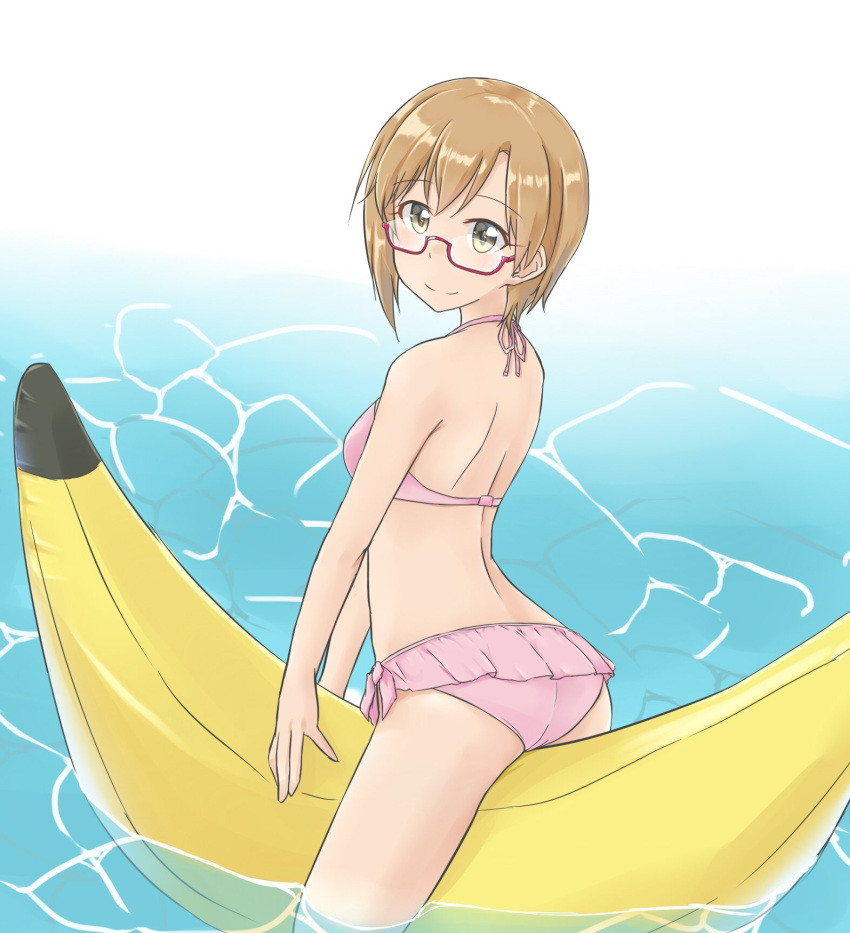 1girl aiba_yumi aimobake banana bangs bespectacled bikini closed_mouth commentary eyebrows_visible_through_hair food frilled_bikini frills fruit glasses highres idolmaster idolmaster_cinderella_girls light_brown_eyes light_brown_hair looking_at_viewer looking_back pink_bikini red-framed_eyewear semi-rimless_eyewear short_hair side-tie_bikini sitting smile solo straddling swimsuit under-rim_eyewear wading