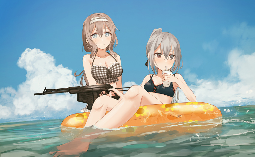 2girls bangs bare_arms bare_legs bare_shoulders barefoot beach blue_sky breasts brown_hair cleavage clouds cloudy_sky collarbone commentary_request crossed_bangs cup day disposable_cup drinking_straw gingham grey_hair gun half-closed_eyes holding holding_gun holding_weapon horizon innertube jewelry large_breasts long_hair looking_at_viewer multiple_girls necklace ocean original outdoors sky weapon weapon_request