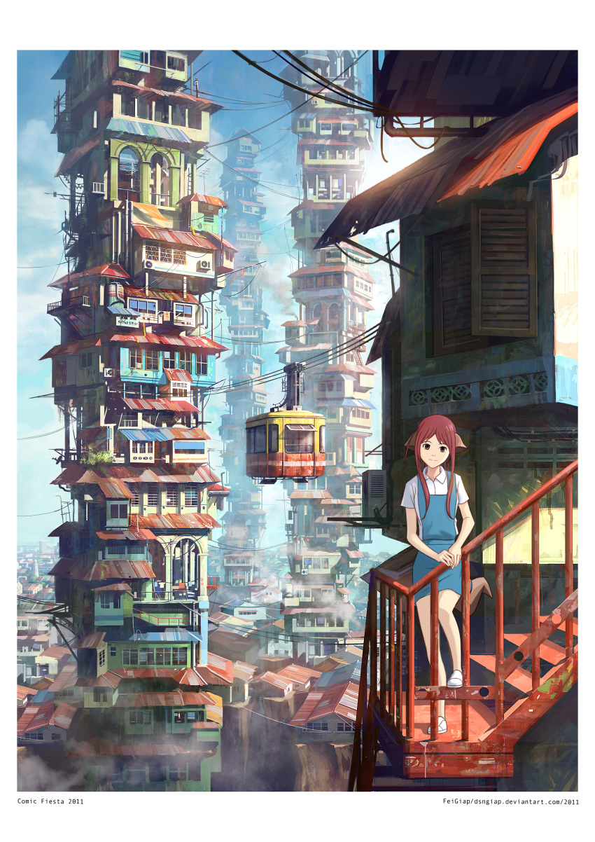 1girl 2011 absurdres animal_ears artist_name brown_eyes cable_car chong_feigiap cityscape highres leaning long_hair looking_at_viewer original redhead scenery school_uniform solo stairs standing tail tower watermark web_address