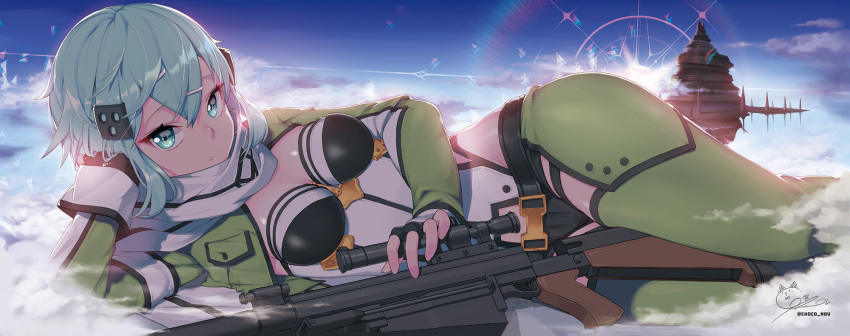 1girl anti-materiel_rifle aqua_eyes aqua_hair asada_shino blue_sky breasts closed_mouth clouds commentary_request cropped_jacket day green_jacket gun hair_ornament hairclip highres jacket konbu_(hida123) lens_flare looking_at_viewer lying medium_breasts on_side outdoors rifle scarf shiny shiny_hair shiny_skin short_hair short_shorts shorts sidelocks sinon sky sniper_rifle solo sword_art_online weapon