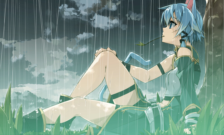 1girl animal_ears asymmetrical_clothes blue_eyes blue_hair cat_ears cat_tail clouds day forest hair_ribbon highres mouth_hold nature profile rain ribbon shikei shinon_(sao-alo) short_hair short_hair_with_long_locks sinon sitting sky solo sword_art_online tail tree wet