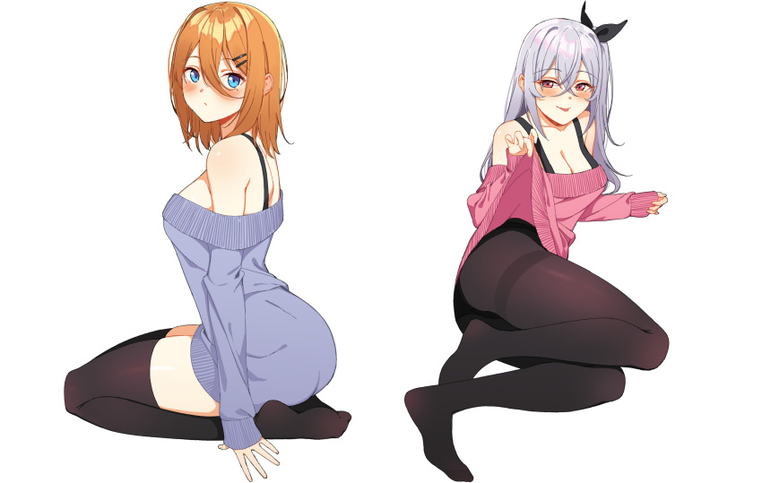 2girls :p absurdres arm_at_side black_legwear black_panties blue_eyes blush breasts cleavage clothes_lift eyebrows_visible_through_hair from_side highres icarus_(632247131) large_breasts lifted_by_self long_sleeves looking_at_viewer medium_hair mole mole_under_eye multiple_girls off-shoulder_sweater one_side_up orange_hair original panties panties_under_pantyhose pantyhose pink_eyes seiza sidelocks silver_hair sitting sleeves_past_wrists sweater sweater_lift tongue tongue_out underwear