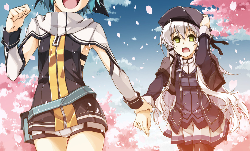 2girls altina_orion black_legwear blue_hair blue_sky cherry_blossoms clouds day eiyuu_densetsu eyebrows_visible_through_hair green_eyes hand_on_headwear hat head_out_of_frame highres holding_another's_arm millium_orion multiple_girls open_mouth pantyhose petals pleated_skirt sen_no_kiseki sen_no_kiseki_2 shikei short_hair shorts silver_hair skirt sky zipper zipper_pull_tab