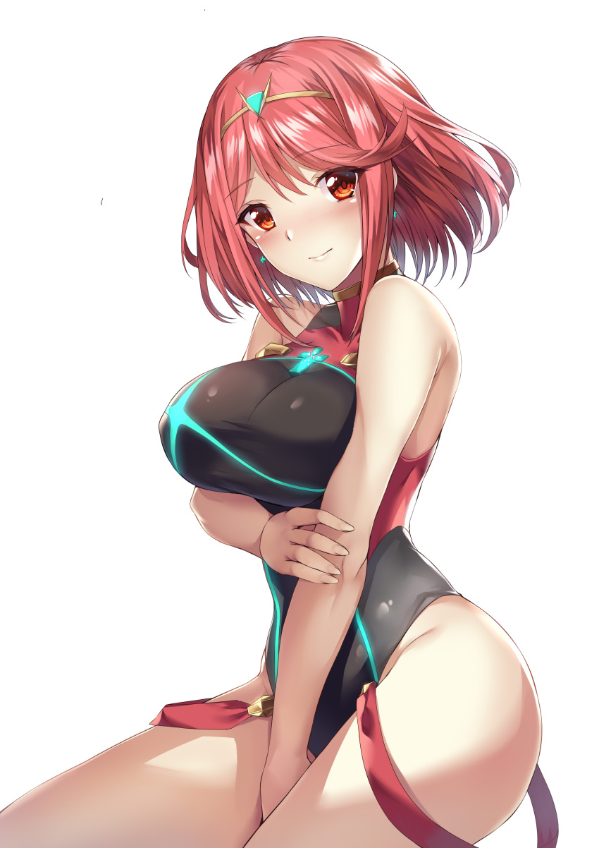 1girl absurdres bare_shoulders between_legs black_swimsuit blush breast_hold breasts closed_mouth commentary earrings eyebrows_visible_through_hair hand_between_legs highres holding_own_arm pyra_(xenoblade) jewelry large_breasts looking_at_viewer luzi nintendo one-piece_swimsuit red_eyes redhead shiny shiny_clothes short_hair sidelocks skindentation solo star star_earrings swimsuit taut_clothes taut_swimsuit tiara white_background xenoblade_(series) xenoblade_2