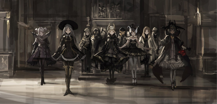 6+girls arms_at_sides bare_shoulders black_hair black_legwear boots brown_hair closed_mouth double_bun full_body grey_hair hat lm7_(op-center) long_hair long_sleeves looking_at_viewer mask multiple_girls original pantyhose standing thigh-highs thigh_boots white_legwear