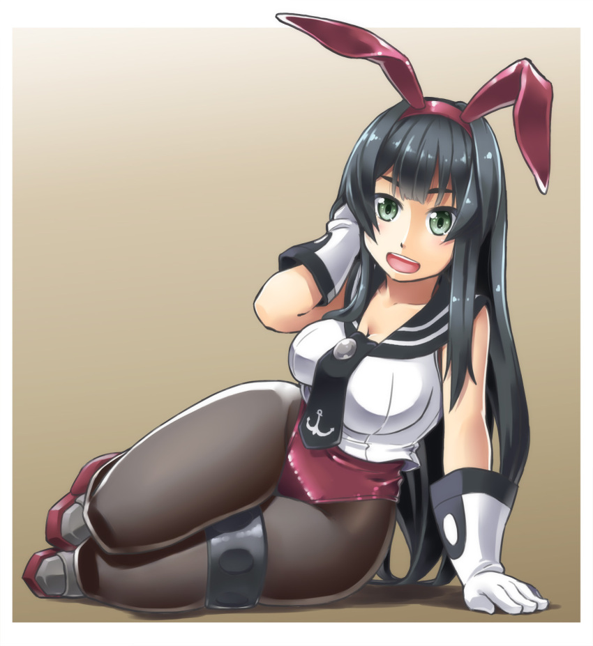 1girl adapted_costume agano_(kantai_collection) alto-00 anchor_symbol animal_ears black_hair black_legwear black_neckwear boots braid breasts brown_background bunny_girl bunnysuit collarbone full_body gloves green_eyes highres kantai_collection large_breasts legband leotard leotard_under_clothes long_hair looking_at_viewer medium_breasts necktie open_mouth pantyhose rabbit_ears red_leotard sailor_collar school_uniform serafuku shadow sitting sleeveless smile solo tail white_gloves