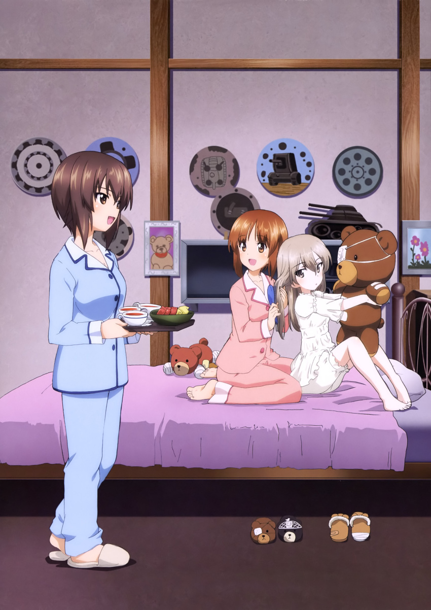 3girls :d absurdres bangs barefoot bed bed_sheet bedroom blue_pants blue_shirt boko_(girls_und_panzer) bowl brown_eyes brown_hair brushing_another's_hair cup eyebrows_visible_through_hair eyepatch girls_und_panzer ground_vehicle hair_brush hair_down highres holding holding_stuffed_animal indoors light_brown_hair long_hair long_sleeves looking_at_another looking_at_viewer looking_back military military_vehicle model_tank motor_vehicle multiple_girls nishizumi_maho nishizumi_miho official_art on_bed open_mouth pajamas pants parted_lips picture_(object) picture_frame pillow pink_pants pink_shirt sandals shimada_arisu shirt short_hair shorts siblings sisters sitting smile stuffed_animal stuffed_toy tank teacup teddy_bear tray wariza white_shirt white_shorts
