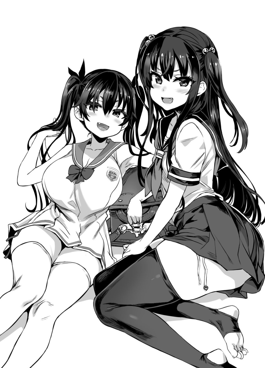 2girls asanagi bag bow breasts fang feet hair_bobbles hair_bow hair_ornament highres large_breasts long_hair monochrome multiple_girls no_shoes open_mouth original school_bag sitting skirt thigh-highs toeless_legwear toes twintails two_side_up zettai_ryouiki
