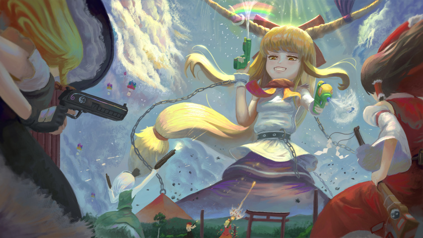 aki_minoriko aki_shizuha bazooka blonde_hair blue_sky brown_hair cirno clouds dual_wielding giantess gun hair_tubes hakurei_reimu handgun hat highres holding ibuki_suika japanese_clothes kirisame_marisa konpaku_youmu miko multiple_girls pistol rainbow rifle rocket_launcher shotgun sky teasmacker touhou water_gun weapon white_hair witch witch_hat