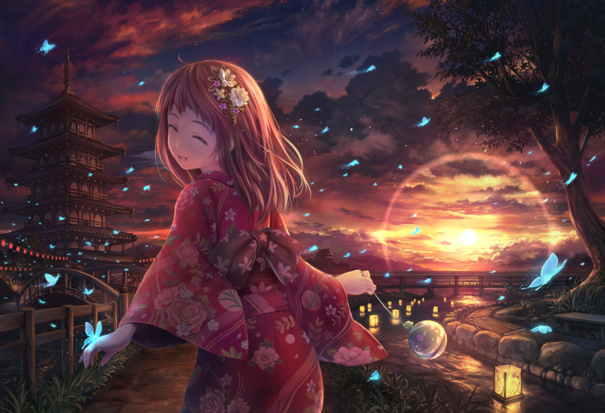 1girl bench brown_hair bug butterfly closed_eyes clouds cloudy_sky facing_viewer fence flower hair_flower hair_ornament highres insect lantern medium_hair open_mouth original outdoors pagoda scenery sky smile solo soraizumi sunset tree wooden_bridge