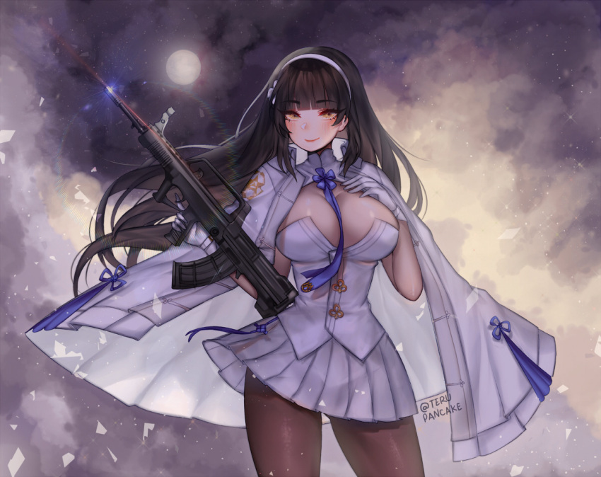 1girl ass_visible_through_thighs assault_rifle bangs between_breasts black_hair blue_neckwear blunt_bangs blush breasts brown_legwear closed_mouth commentary contrapposto cowboy_shot english_commentary eyebrows_visible_through_hair floating_hair full_moon girls_frontline gloves gun hand_on_own_chest holding holding_gun holding_weapon jacket_on_shoulders long_hair looking_at_viewer moon necktie necktie_between_breasts pantyhose pleated_skirt qbz-95_(girls_frontline) rifle skirt smile solo teru_(renkyu) twitter_username vest weapon white_gloves white_skirt white_vest yellow_eyes