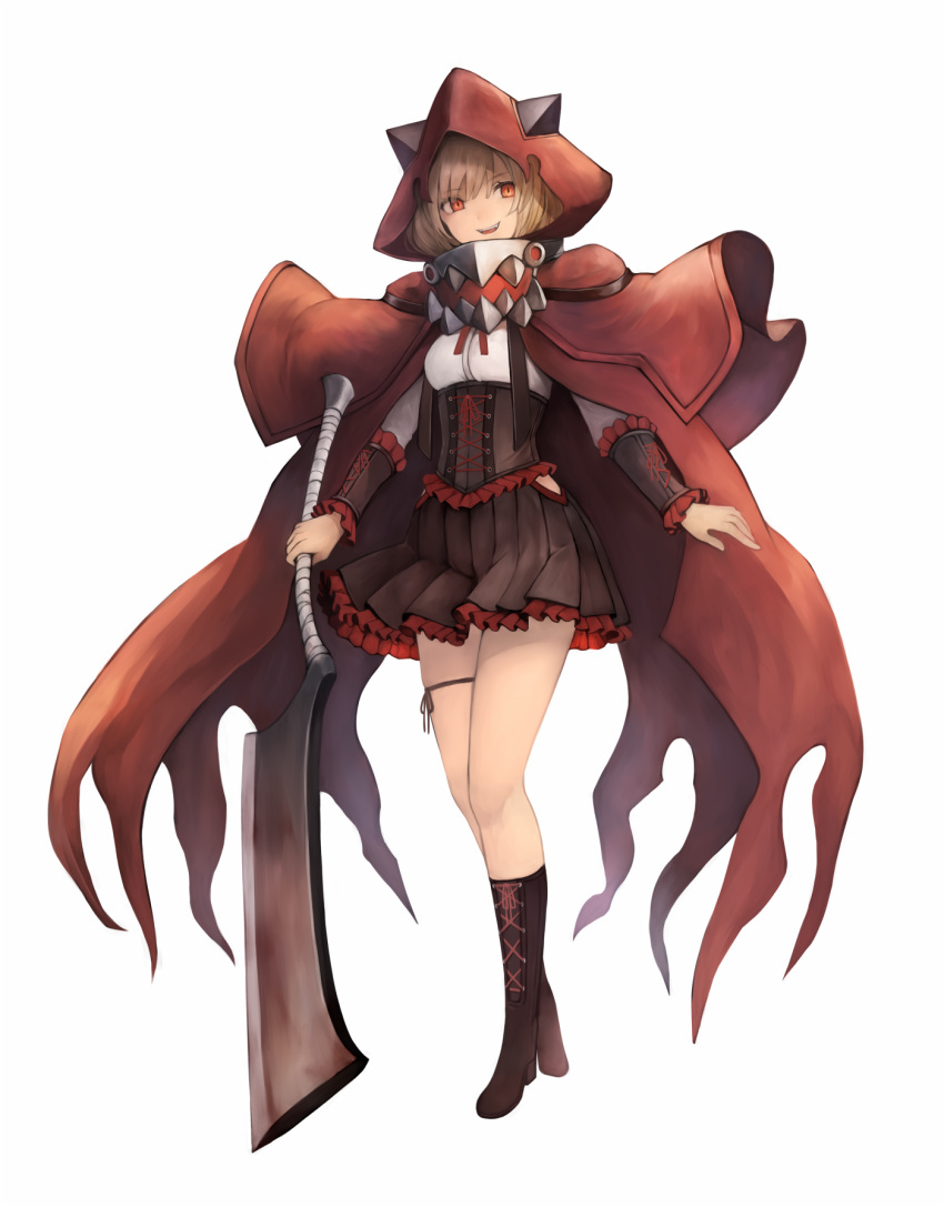 1girl axe bangs blush boots breasts brown_hair cloak collar corset cross-laced_clothes cross-laced_footwear dress eyebrows_visible_through_hair fangs frilled_dress frilled_skirt frills full_body hair_between_eyes hat highres holding holding_axe holding_weapon inaba_sunimi knee_boots legs_crossed looking_at_viewer original parted_lips pleated_skirt red_eyes ribbon shirt short_hair simple_background skirt smile solo standing teeth weapon white_background white_shirt