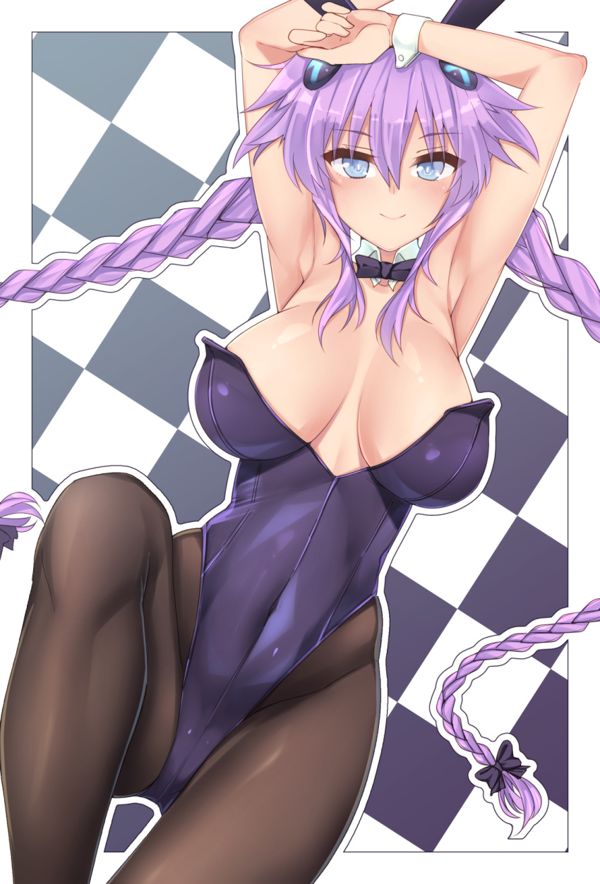 1girl alternate_costume animal_ears armpits arms_up blue_eyes blush braid breasts bunny_day bunnysuit checkered checkered_background covered_navel cuffs detached_collar dura hair_between_eyes hair_ribbon handcuffs highres large_breasts long_hair looking_at_viewer neptune_(series) pantyhose power_symbol purple_hair purple_heart rabbit_ears ribbon skin_tight smile solo symbol-shaped_pupils twin_braids twintails very_long_hair wrist_cuffs