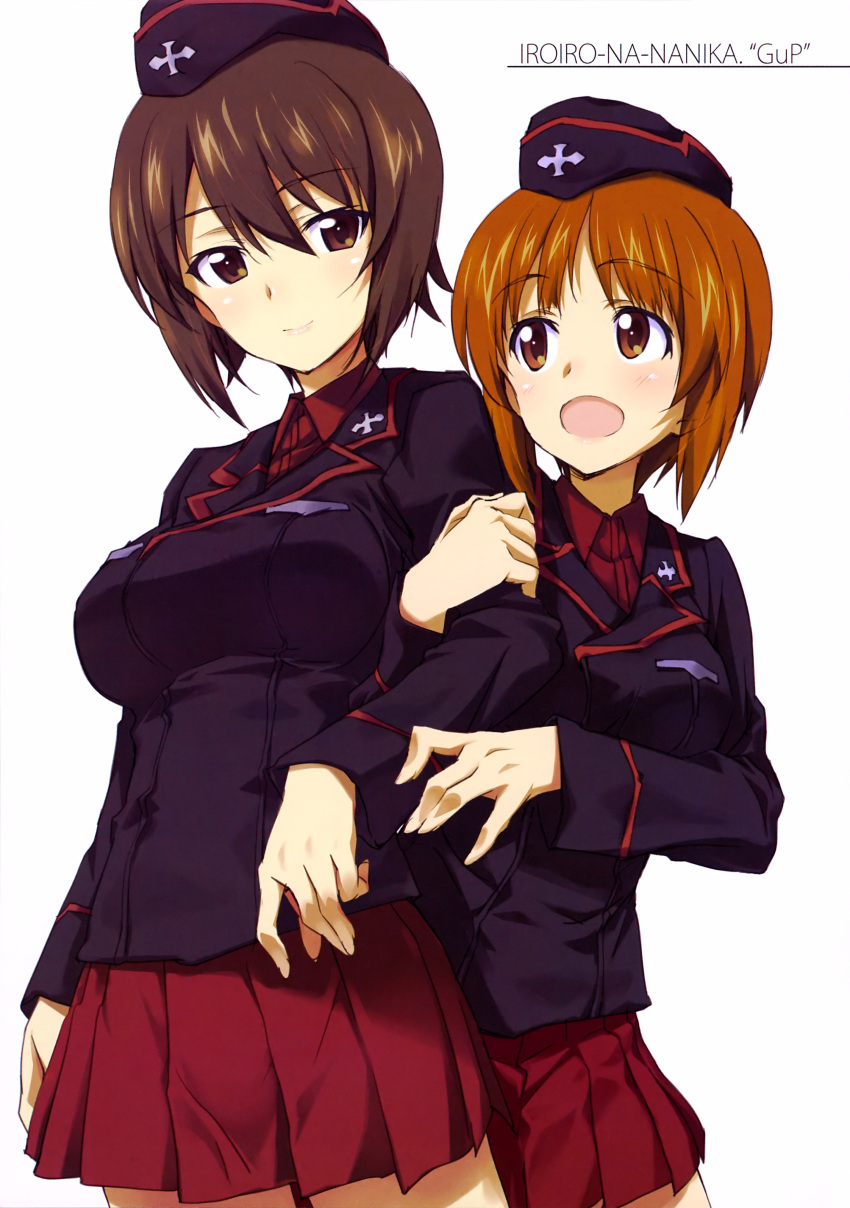 2girls absurdres arm_grab bangs black_hat black_jacket brown_eyes brown_hair closed_mouth cover cover_page cowboy_shot doujin_cover dress_shirt emblem eyebrows_visible_through_hair garrison_cap girls_und_panzer hat highres jacket kurashima_tomoyasu kuromorimine_military_uniform long_sleeves looking_at_another military military_hat military_uniform miniskirt multiple_girls nishizumi_maho nishizumi_miho open_mouth pleated_skirt red_shirt red_skirt shirt short_hair siblings simple_background sisters skirt smile standing uniform white_background