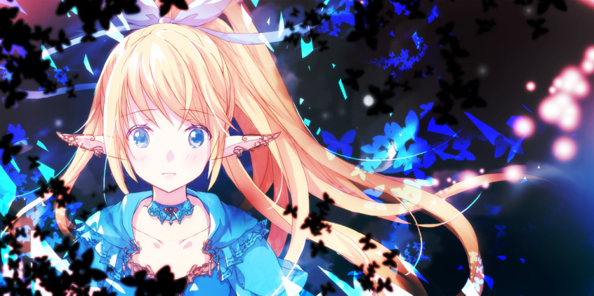 1girl bahamut_lagoon blonde_hair blue_choker blue_dress blue_eyes bow choker commentary dark_background dress earrings ears_visible_through_hair ecatrina eyebrows_visible_through_hair frown hair_bow high_ponytail jewelry long_hair looking_at_viewer pointy_ears portrait solo touka_(jue) white_bow