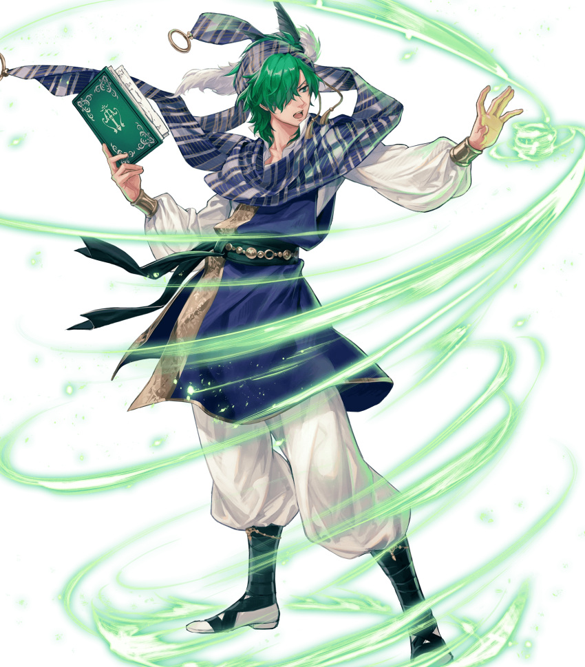 1boy baggy_pants belt blue_headband blue_scarf book casting_spell collar collarbone energy feathers fire_emblem fire_emblem:_seisen_no_keifu fire_emblem_heroes green_eyes green_hair headband highres holding holding_book levin_(fire_emblem) lips male_focus medium_hair nintendo official_art open_mouth pants scarf solo striped striped_headband striped_scarf suda_ayaka teeth visible_air white_pants wide_sleeves