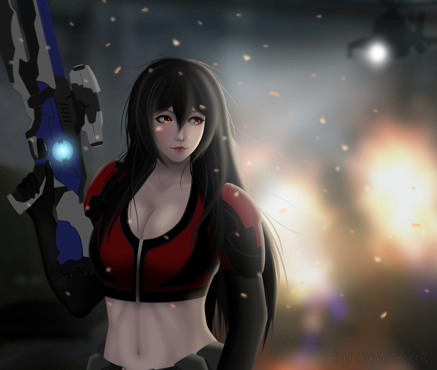 1girl absurdres ammunition arm_at_side armor artist_name belt black_gloves black_hair breasts burning gloves gun highres holding holding_gun holding_weapon large_breasts lips long_hair looking_at_viewer official_art original portrait realistic red_eyes rifle science_fiction smile smitcuk sniper sniper_rifle solo stomach tagme weapon
