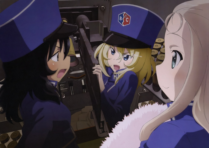 3girls absurdres andou_(girls_und_panzer) bangs bc_freedom_(emblem) bc_freedom_military_uniform black_hair blonde_hair blue_eyes blue_hat blue_jacket blue_vest brown_eyes closed_mouth dark_skin dress_shirt emblem eyebrows_visible_through_hair fan folding_fan frown girls_und_panzer green_eyes hat high_collar highres holding jacket long_hair long_sleeves looking_at_another marie_(girls_und_panzer) medium_hair messy_hair military military_hat military_uniform miniskirt multiple_girls official_art open_mouth oshida_(girls_und_panzer) pleated_skirt shako_cap shirt sitting skirt smile tank_interior tank_shell uniform v-shaped_eyebrows vest white_shirt white_skirt