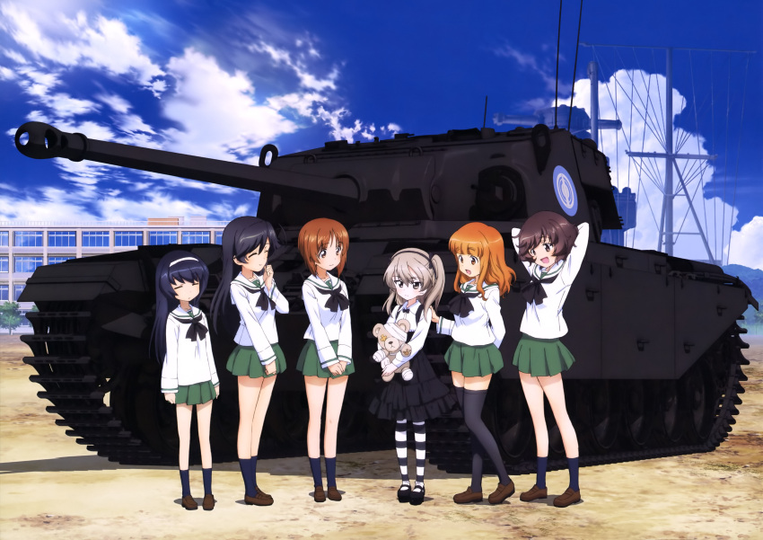 6+girls absurdres ahoge akiyama_yukari arm_behind_back arms_behind_head bandage bangs black_eyes black_footwear black_hair black_legwear black_neckwear black_ribbon black_skirt blouse blue_sky blunt_bangs boko_(girls_und_panzer) bow bowtie brown_eyes brown_footwear brown_hair building casual centurion_(tank) closed_eyes collared_shirt day emblem eyebrows_visible_through_hair girls_und_panzer green_skirt ground_vehicle hair_ribbon hairband hand_on_another's_shoulder high-waist_skirt highres holding holding_stuffed_animal isuzu_hana laughing layered_skirt light_brown_hair light_smile loafers long_hair long_sleeves looking_at_another looking_at_viewer mary_janes messy_hair military military_vehicle miniskirt motor_vehicle multiple_girls neckerchief nishizumi_miho official_art ooarai_school_uniform open_mouth orange_eyes orange_hair outdoors pantyhose pleated_skirt reizei_mako ribbon school_uniform selection_university_(emblem) serafuku shimada_arisu shirt shoes short_hair side_ponytail skirt sky sleeping sleeping_upright smile socks standing striped striped_legwear stuffed_animal stuffed_toy suspender_skirt suspenders takebe_saori tank teddy_bear thigh-highs tower tree v_arms white_blouse white_hairband white_shirt