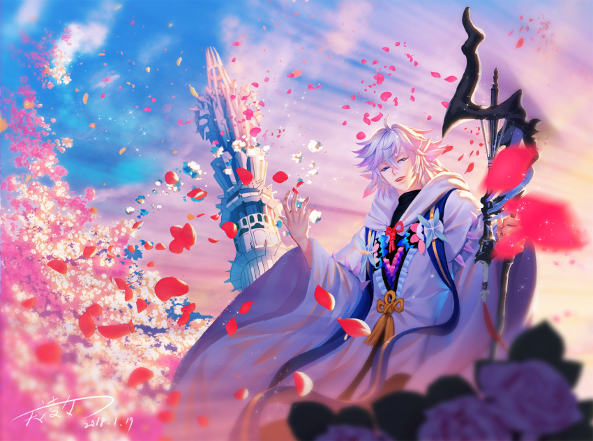 1boy blue_sky blurry_foreground dated fate/grand_order fate_(series) flower highres holding holding_staff long_hair looking_at_viewer male_focus merlin_(fate) open_mouth outdoors petals robe sky smile solo staff standing tianlingdoudou tower white_hair wide_sleeves