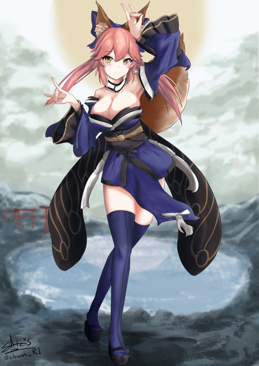 1girl absurdres animal_ear_fluff animal_ears blue_legwear blue_ribbon blush breasts cleavage fate/extra fate/extra_ccc fate/grand_order fate_(series) fox_ears fox_girl fox_shadow_puppet fox_tail full_body hair_ribbon highres ichikawayan japanese_clothes large_breasts looking_at_viewer outdoors pink_hair ribbon solo tail tamamo_(fate)_(all) tamamo_no_mae_(fate) yellow_eyes
