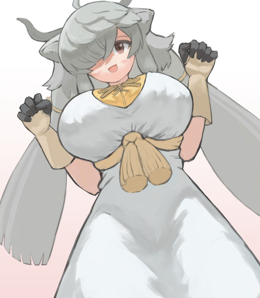 1girl :d ahoge animal_ears bangs breasts brown_eyes commentary dress from_below gloves gradient gradient_background grey_hair hair_over_one_eye highres kemono_friends large_breasts long_hair looking_at_viewer low_twintails one_eye_covered open_mouth ox_ears ox_girl ox_horns simple_background smile solo twintails white_dress yak_(kemono_friends) zuchi00