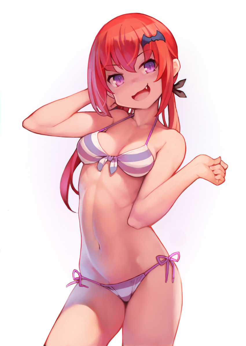 1girl :3 :d arm_up ataruman bikini breasts cleavage contrapposto cowboy_shot eyebrows_visible_through_hair fang front-tie_bikini front-tie_top gabriel_dropout highres kurumizawa_satanichia_mcdowell long_hair looking_at_viewer low_twintails navel open_mouth redhead side-tie_bikini simple_background small_breasts smile solo striped striped_bikini swimsuit twintails violet_eyes white_background