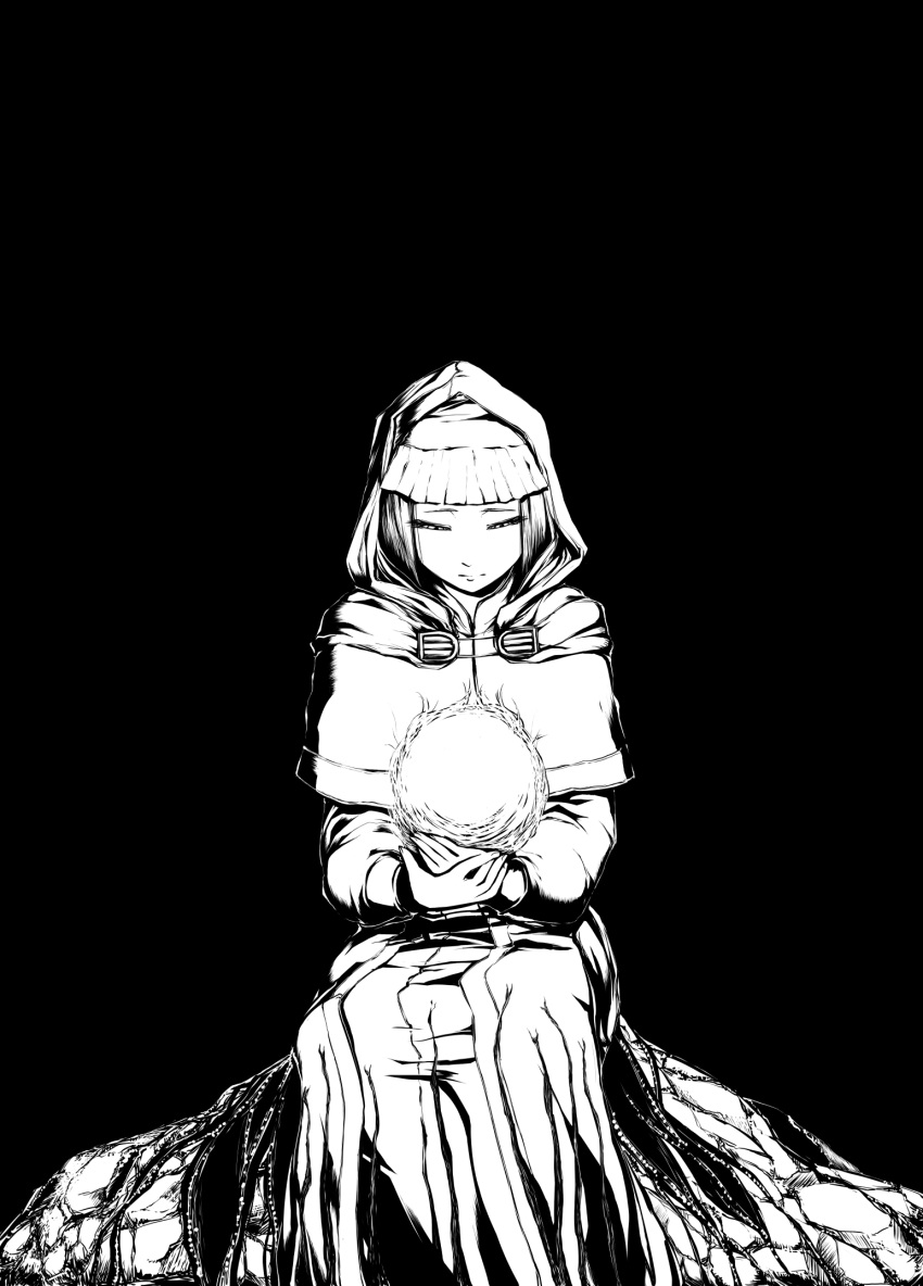 black_background clasp demon's_souls dress eyebrows eyelashes glowing greyscale hands_together high_contrast highres holding hood maiden_astraea medium_hair monochrome robe rock simple_background sitting soul souls_(from_software) straight_hair white_dress white_robe