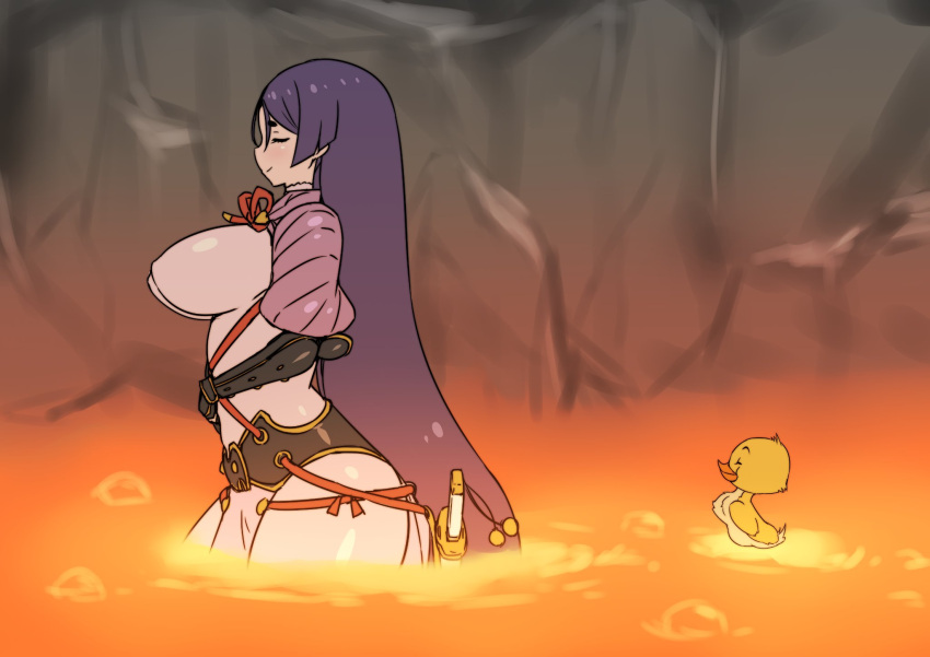 1girl bird breasts closed_eyes duck duckling fate/grand_order fate_(series) highres katana large_breasts long_hair minamoto_no_raikou_(fate/grand_order) molten_rock purple_hair rei_(rei_rr) smile sword tom_and_jerry very_long_hair wading weapon