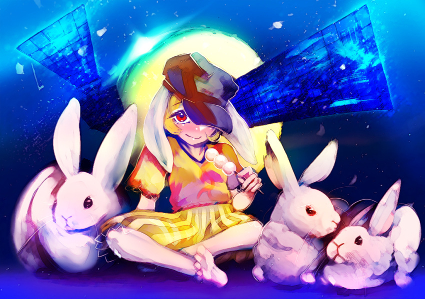 1girl animal animal_ears bare_legs barefoot blonde_hair brown_hat closed_mouth dango floppy_ears food full_moon hakkasame hat holding moon orange_shirt rabbit rabbit_ears red_eyes ringo_(touhou) shirt short_hair short_sleeves shorts smile solo striped striped_shorts touhou vertical-striped_shorts vertical_stripes wagashi yellow_shorts