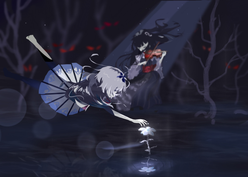 2girls bare_arms bare_tree benghuai_xueyuan black_hair chole darkness dress flower glowing glowing_eyes grey_hair highres honkai_impact instrument multiple_girls music musical_note_hair_ornament playing_instrument prologue tree violin