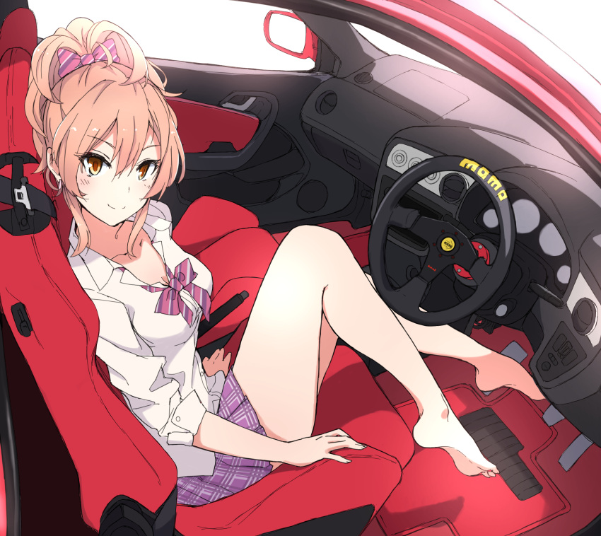 1girl absurdres barefoot bow bowtie breasts brown_eyes car_interior cleavage collared_shirt commentary from_outside from_side highres honda honda_integra idolmaster idolmaster_cinderella_girls igo_miku jougasaki_mika long_sleeves looking_at_viewer looking_to_the_side pink_hair pleated_skirt popped_collar purple_neckwear purple_skirt school_uniform shirt short_hair sitting skirt smile solo v-shaped_eyebrows white_shirt wing_collar