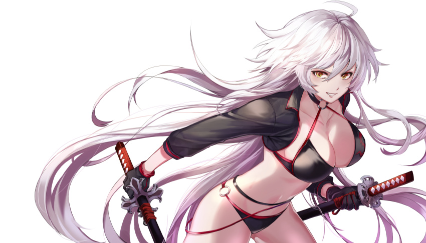 1girl absurdres ahoge bikini black_bikini black_gloves black_jacket breasts fate/grand_order fate_(series) gloves highres holding holding_sword holding_weapon jacket jeanne_d'arc_(alter_swimsuit_berserker) jeanne_d'arc_(fate)_(all) katana large_breasts long_hair long_sleeves looking_at_viewer o-ring o-ring_bikini oso_5425 silver_hair simple_background smile solo swimsuit sword very_long_hair weapon white_background yellow_eyes