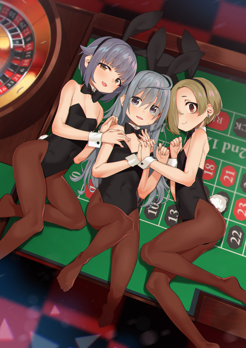3girls :d absurdres animal_ears ass bags_under_eyes bare_arms bare_shoulders black_bow black_hairband black_leotard black_neckwear blonde_hair blue_eyes blurry blush bow bowtie brown_eyes brown_legwear bunny_tail bunnysuit casino checkered checkered_floor covered_navel detached_collar ear_piercing earrings eyebrows_visible_through_hair fake_animal_ears fake_tail flat_chest from_above grey_hair hair_between_eyes hair_flaps hair_over_one_eye hairband hand_holding hand_on_another's_chest highres hoshi_shouko huge_filesize idolmaster idolmaster_cinderella_girls indoors interlocked_fingers jewelry knee_up koshimizu_sachiko leotard lying miyamae_(miyazen9311) multiple_boys multiple_girls no_shoes on_side open_mouth pantyhose parted_lips piercing rabbit_ears roulette roulette_table shirasaka_koume short_hair sidelocks smile strapless strapless_leotard tail wrist_cuffs
