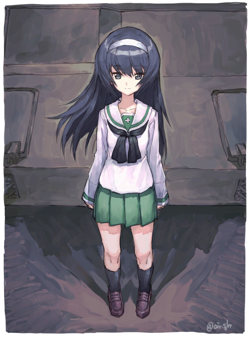 1girl :| air_qh bangs black_hair black_legwear black_neckwear blouse brown_eyes brown_footwear closed_mouth commentary_request eyebrows_visible_through_hair full_body girls_und_panzer green_skirt ground_vehicle hairband highres loafers long_hair long_sleeves looking_at_viewer military military_vehicle miniskirt motor_vehicle neckerchief ooarai_school_uniform panzerkampfwagen_iv pleated_skirt reizei_mako school_uniform serafuku shadow shoes skirt socks solo standing tank twitter_username white_blouse white_hairband wind