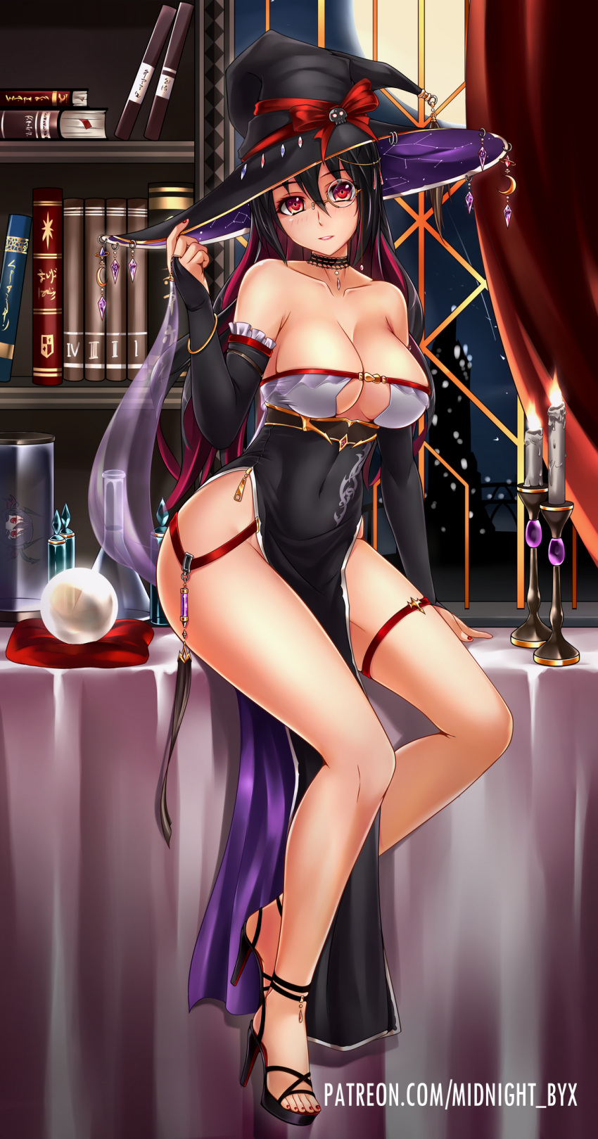 1girl bare_shoulders black_gloves black_hair book bookshelf bow breasts bridal_gauntlets candle cleavage collarbone constellation_print covered_navel crystal_ball elbow_gloves flask full_body full_moon gloves hair_bow hand_on_headwear hat hat_ribbon high_heels highres indoors large_breasts looking_at_viewer midnight_(banyex) monocle moon multicolored_hair nail_polish night no_panties original parted_lips pelvic_curtain pink_hair red_eyes red_nails red_ribbon ribbon sitting smile solo thigh_strap two-tone_hair window witch_hat