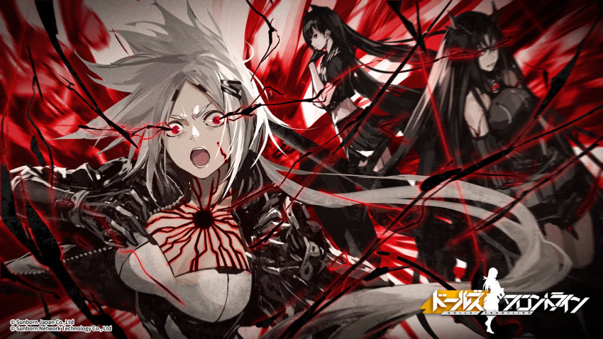 3girls bangs bare_shoulders black_gloves black_hair black_legwear black_serafuku black_shorts black_skirt boots breasts cleavage cleavage_cutout copyright_name elbow_gloves electricity executioner_(girls_frontline) floating_hair girls_frontline gloves hair_between_eyes hair_ornament hairclip highres horns hunter_(girls_frontline) impossible_clothes impossible_leotard infukun jacket large_breasts leotard logo long_hair looking_at_viewer medium_breasts midriff multiple_girls official_art open_clothes open_jacket open_mouth ouroboros_(girls_frontline) pale_skin parted_lips pleated_skirt red_eyes sangvis_ferri school_uniform serafuku shorts sidelocks skirt smile thigh-highs thigh_boots twintails very_long_hair watermark white_hair yellow_eyes