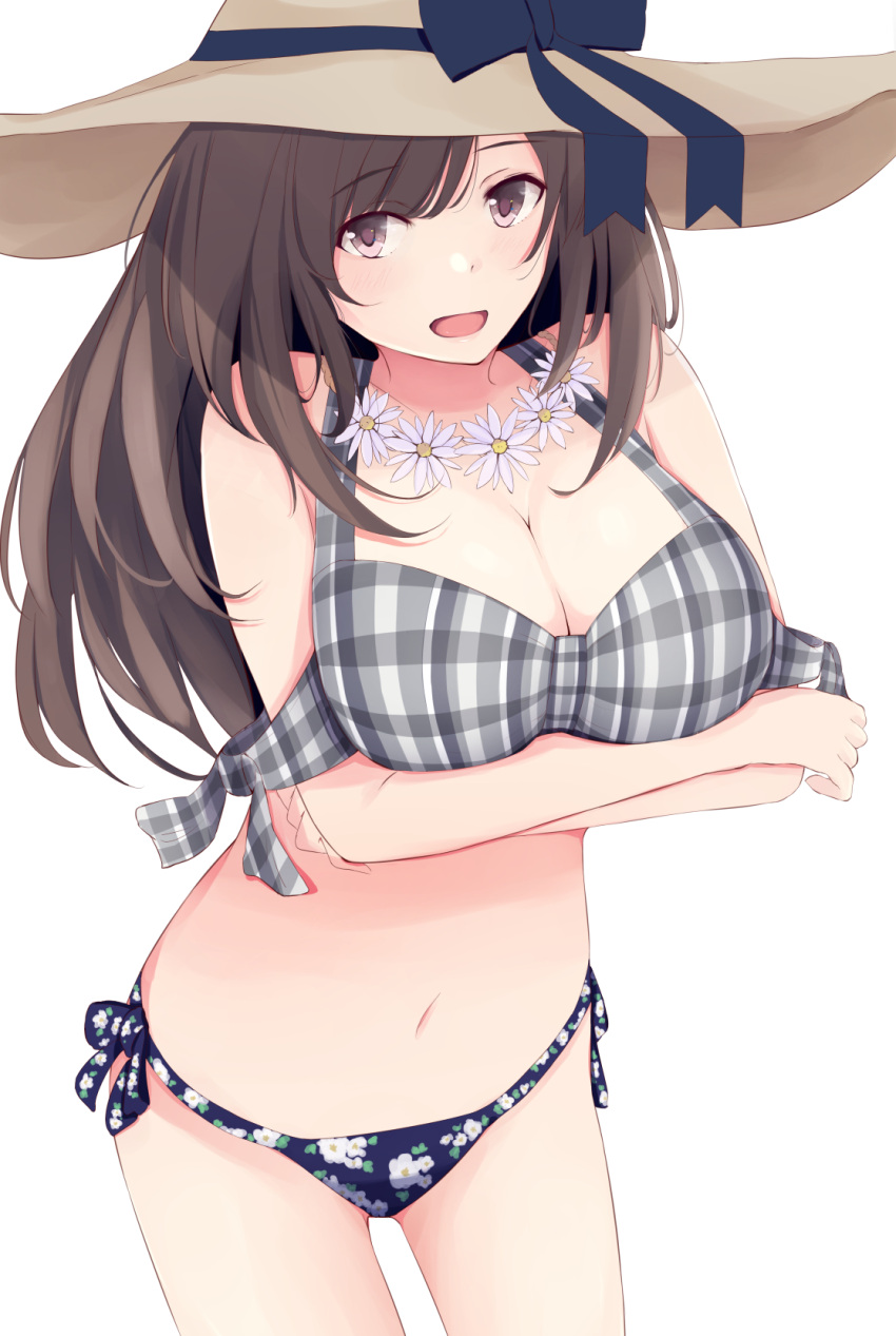 1girl bangs bare_shoulders bikini blue_bikini_bottom blue_ribbon blush breast_hold breasts brown_hair cleavage collarbone crossed_arms floral_print flower flower_necklace grey_bikini_top hat hat_ribbon highres hips idolmaster idolmaster_shiny_colors itete jewelry large_breasts long_hair looking_at_viewer navel necklace open_mouth pink_eyes plaid plaid_bikini ribbon simple_background solo sun_hat swept_bangs swimsuit thighs tsukioka_kogane waist white_background