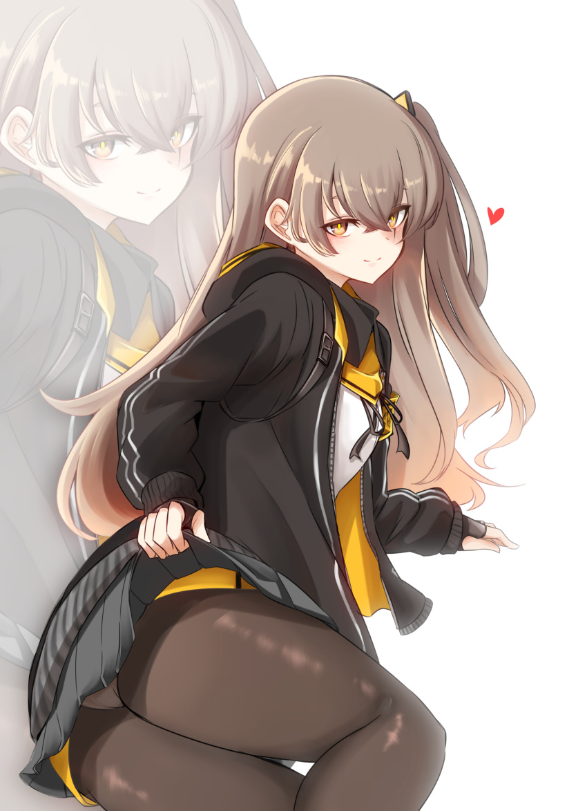 10eki_(tenchou) 1girl absurdres armband ass bangs black_gloves black_legwear blush breasts brown_hair commentary_request eyebrows_visible_through_hair fingerless_gloves flying_heart girls_frontline gloves hair_between_eyes hair_ornament hairclip highres hood hood_down hooded_jacket jacket lifted_by_self long_hair looking_at_viewer one_side_up panties panties_under_pantyhose pantyhose ribbon scar scar_across_eye sidelocks simple_background skirt skirt_lift smile thighband_pantyhose ump45_(girls_frontline) underwear white_background white_panties yellow_eyes