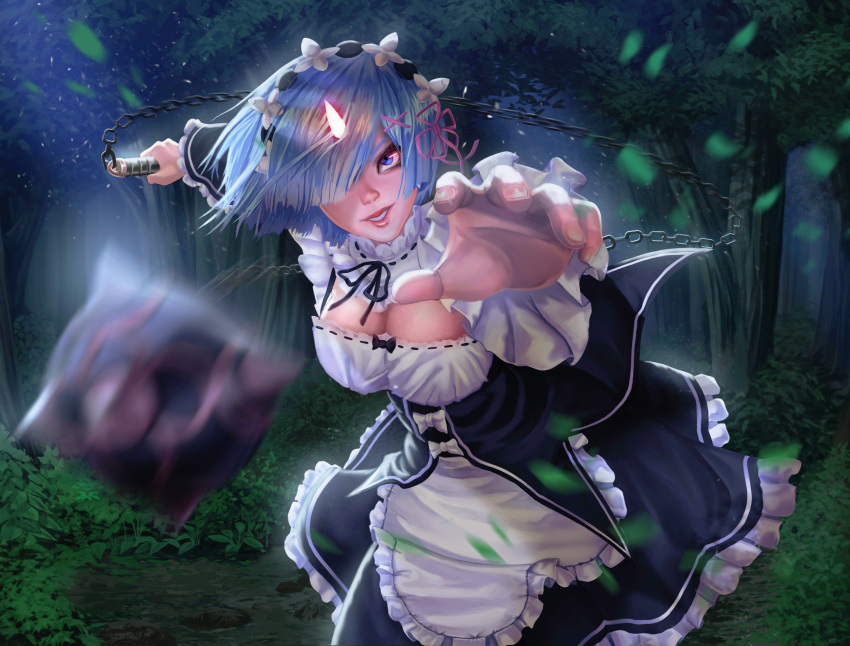 1girl absurdres aiming_at_viewer apron ball_and_chain black_ribbon blazingpumpkin blue_eyes blue_hair breasts chains cleavage commentary english_commentary fighting_stance forest frilled_sleeves frills hair_ornament hair_over_one_eye highres holding holding_weapon large_breasts lips looking_at_viewer maid maid_headdress motion_blur nature night pink_ribbon re:zero_kara_hajimeru_isekai_seikatsu reaching_out rem_(re:zero) ribbon ribbon_trim serious short_hair solo waist_apron weapon work_in_progress x_hair_ornament