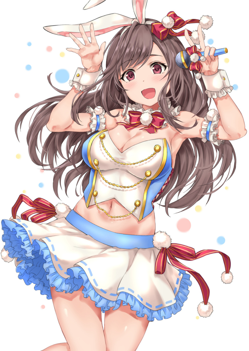 1girl animal_ears arm_garter armpits arms_up bangs blush bow breasts brown_hair chains cleavage detached_collar frilled_skirt frills hair_bow highres hips idolmaster idolmaster_shiny_colors large_breasts long_hair looking_at_viewer microphone midriff navel open_mouth pink_eyes rabbit_ears red_bow simple_background sirurabbit skirt smile solo swept_bangs thighs tsukioka_kogane waist white_background white_skirt wrist_cuffs