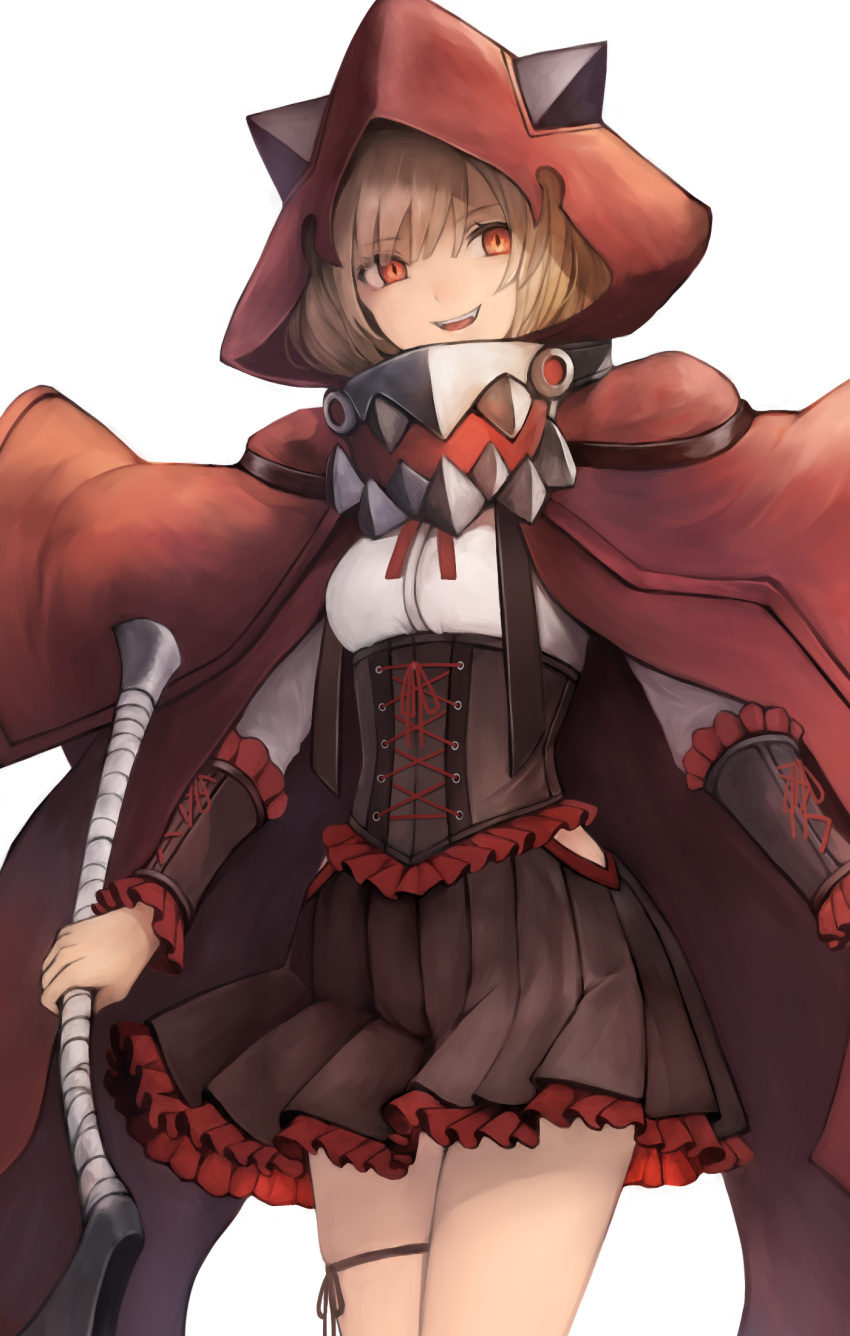 1girl axe bangs blush boots breasts brown_hair cloak collar corset cross-laced_clothes cross-laced_footwear dress eyebrows_visible_through_hair fangs frilled_dress frilled_skirt frills hair_between_eyes hat highres holding holding_axe holding_weapon inaba_sunimi knee_boots legs_crossed looking_at_viewer original parted_lips pleated_skirt red_eyes ribbon shirt short_hair simple_background skirt smile solo standing teeth weapon white_background white_shirt